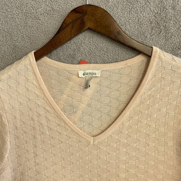 NWOT Ella Moss Women's M V-Neck Short sleeve Sweater Peach Honeycomb Textured - Picture 9 of 10